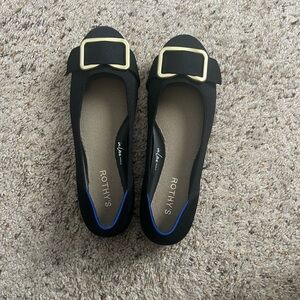 Rothy's Black Flats with Gold Buckle and Blue Trim